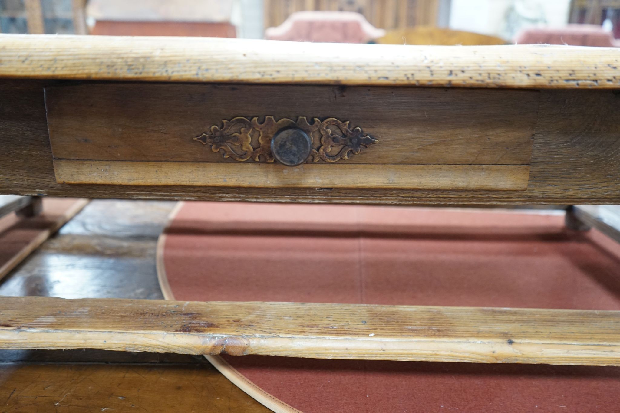 A 19th century and later rectangular pine coffee table fitted drawer, length 140cm, depth 70cm, height 34cm